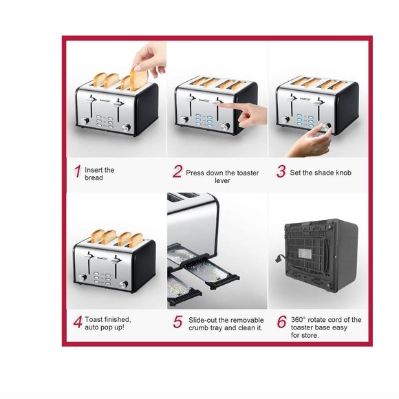 Toaster 4 Slice, Geek Chef Stainless Steel Toaster with Extra Wide Slots, 4 Slot - Picture 13 of 14